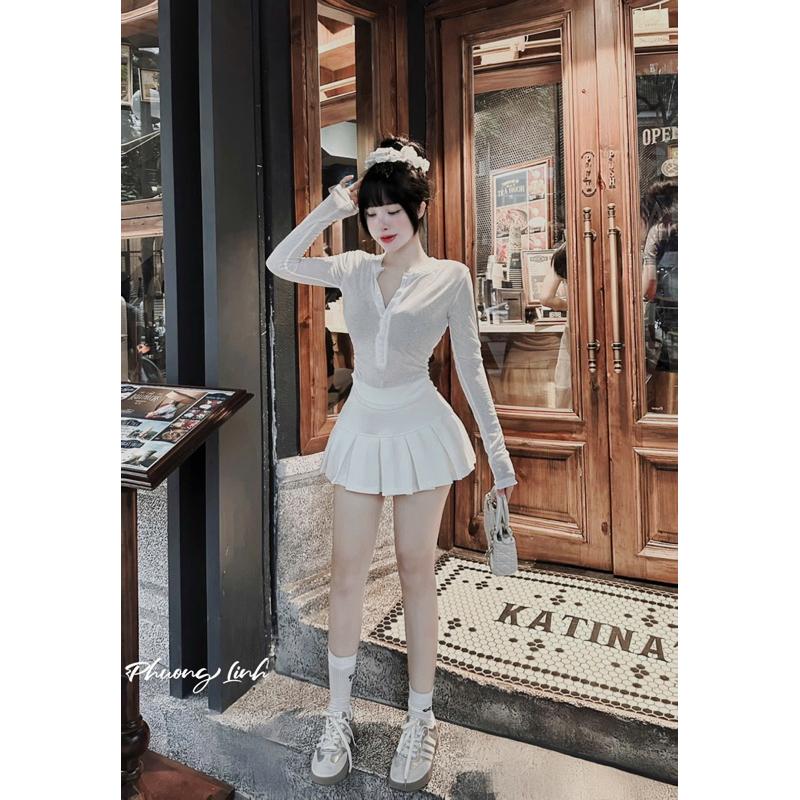 Set áo thun giấy dài tay khuy ngực chân váy ngắn xoè BY JOLIE - Ghi, Ghi