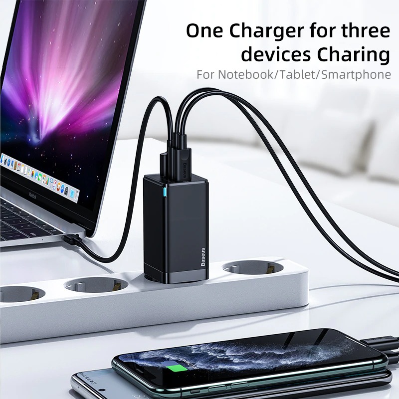 Bộ sạc nhanh đa năng thế hệ mới Baseus GaN Travel Quick Charger 65W cho Smartphone/ Tablet/ iPad/ Macbook/ Laptop, Kèm cáp sạc C to C 100W) - Hàng Chính Hãng