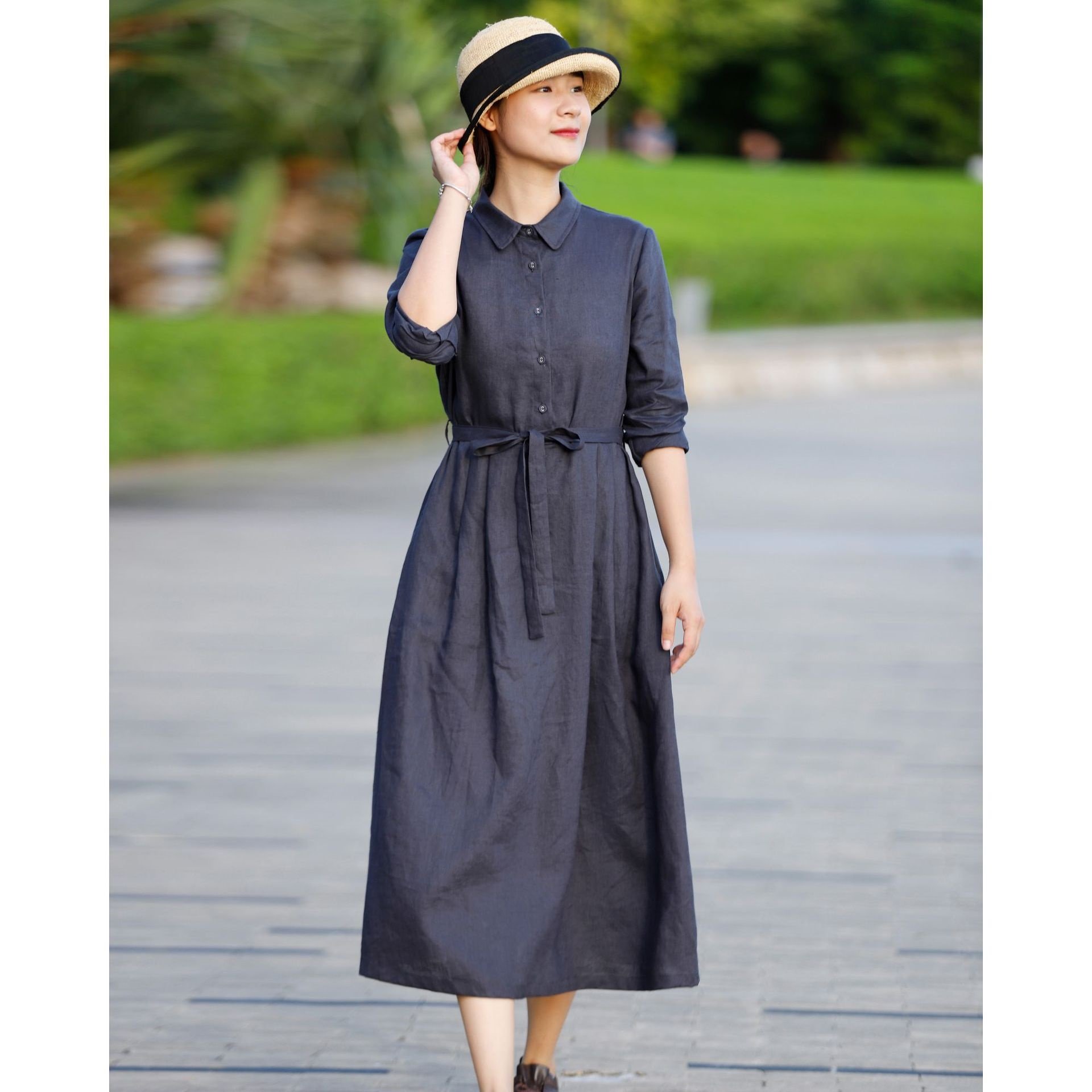 Đầm sơ mi nữ thời trang thiết kế dây thắt eo, chất linen mềm mát màu xanh đen thời trang hè cho nữ Da161