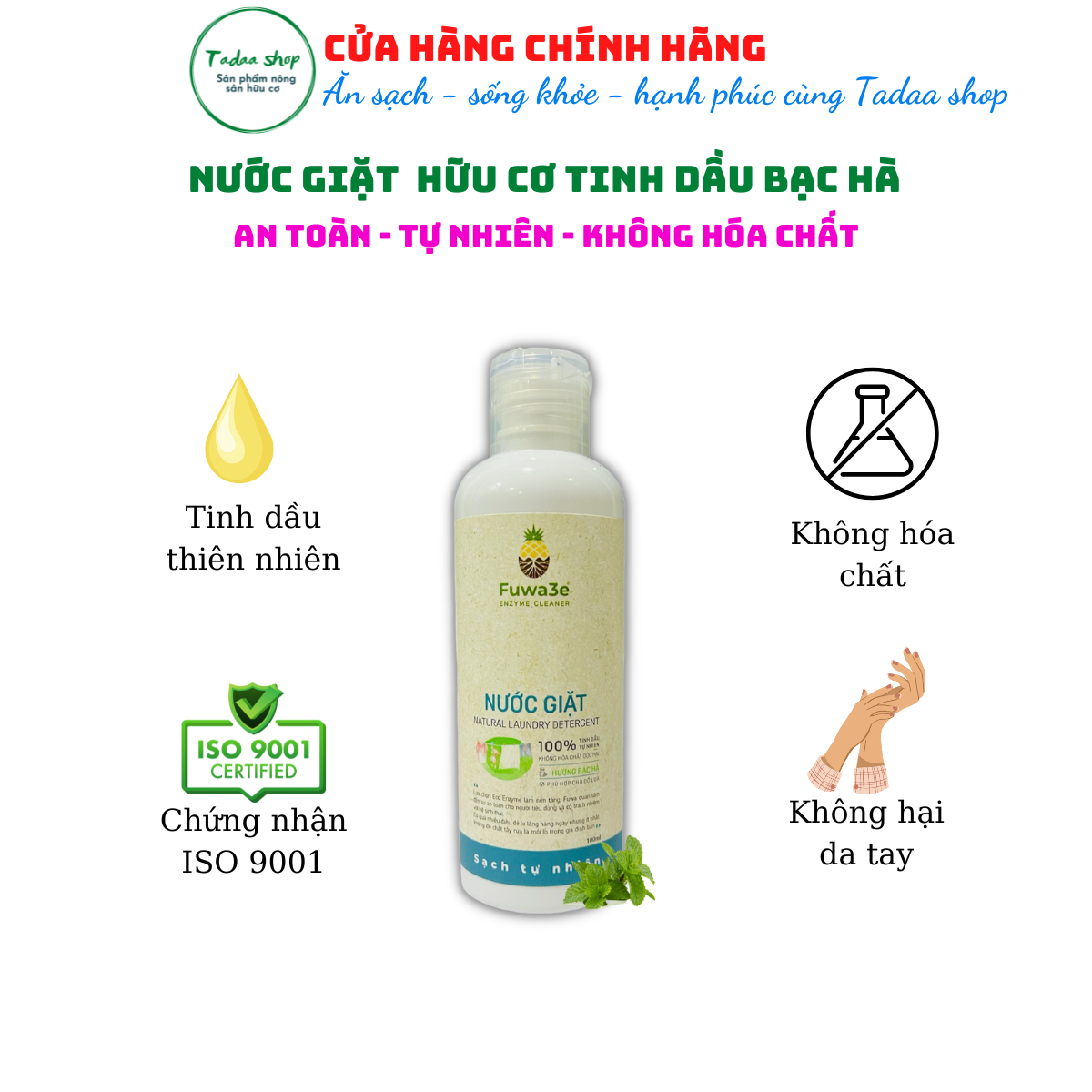 Nước giặt hương bạc hà Organic sinh học Fuwa3e chuyên giặt đồ lụa, bảo vệ da tay chai 100ml