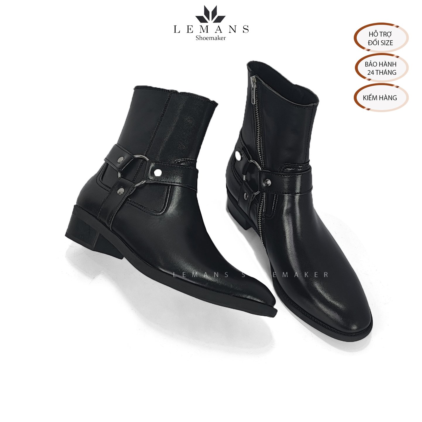 Giày da bò Harness Boots LeMans, gót cao 6cm vân phíp gỗ, khóa kéo YKK, logo gầm độc quyền, bảo hành 24 tháng