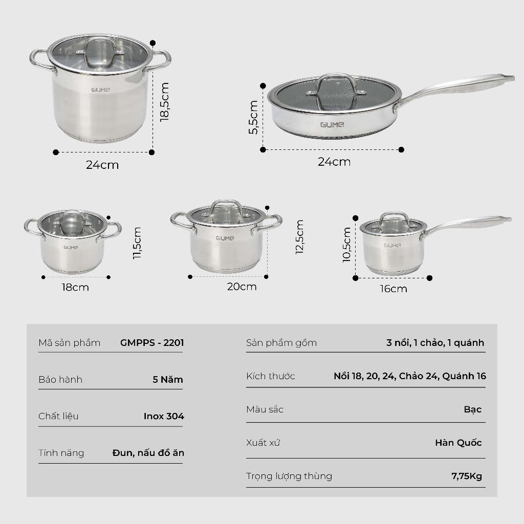 Bộ Nồi Chảo GUME, Chất Liệu Inox , Bộ Nồi 5 Đáy, Dẫn Nhiệt Tốt, Phù Hợp Với Mọi Loại Bếp, Nội Địa Hàn, BH 12 Tháng