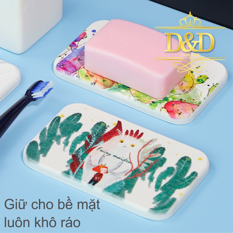 Lót ly, cốc Diatomite chữ nhật siêu hút nước họa tiết, thông điệp dễ thương