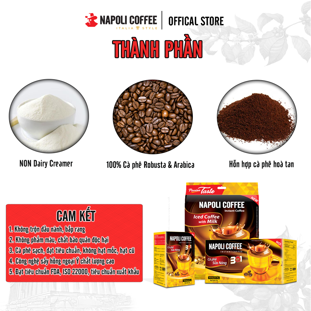 Cà Phê Nguyên Chất 3in1 Sữa Nóng Napoli Coffee 16g x 5 gói Hạt Robusta/Arabica Hộp Nhỏ