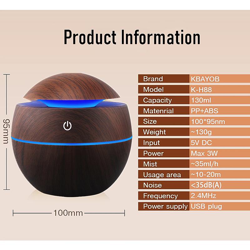 130ML USB Máy Tạo Độ Ẩm Không Khí Điện Máy Khuếch Tán Tinh Dầu Phun Sương Vân Gỗ Xông Tinh Dầu Mini Có 7 Đèn LED Dành Cho Xe Hơi văn Phòng Nhà