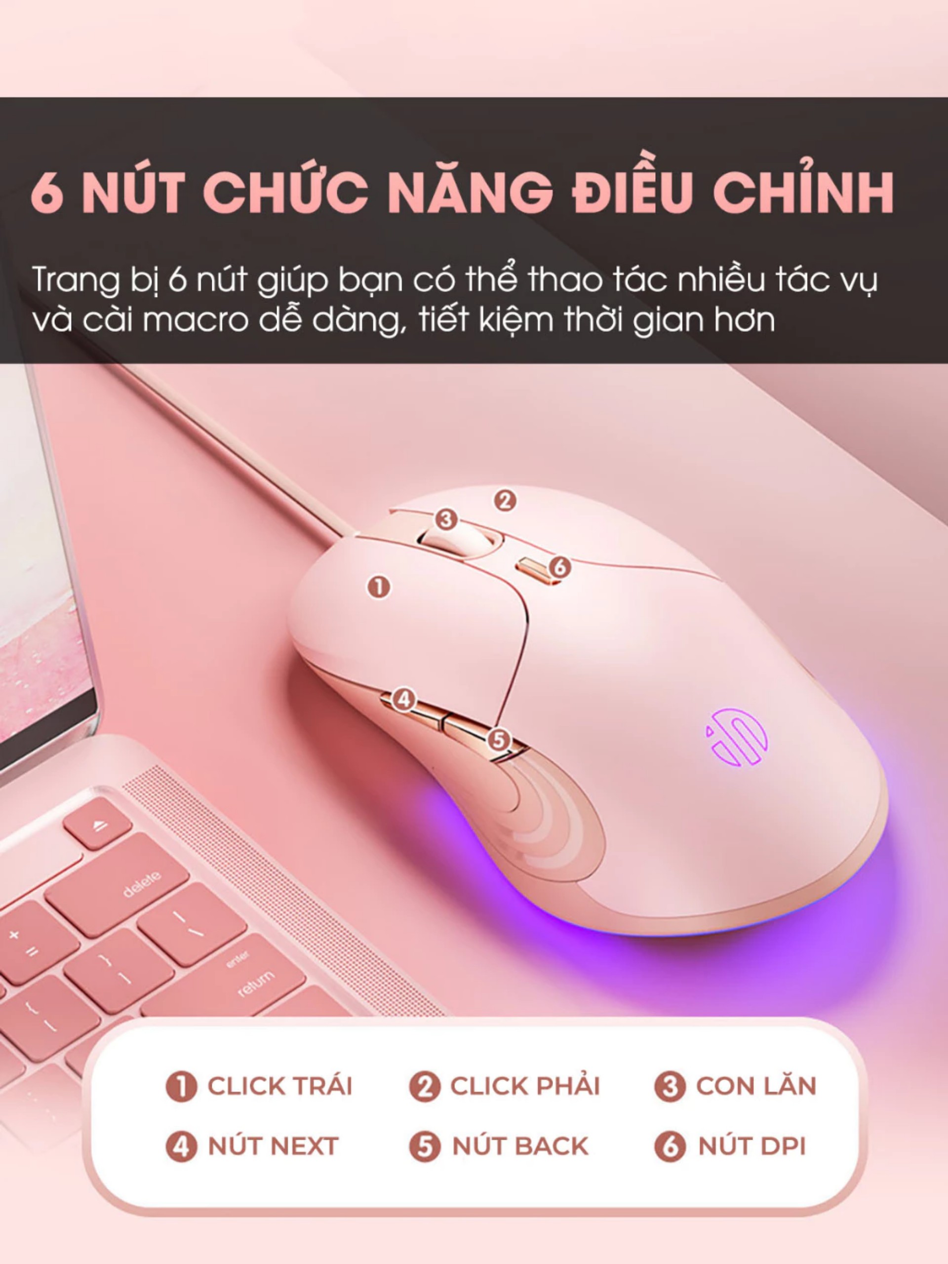 Chuột máy tính có dây TEKKIN B8 cute silent không tiếng ồn 6 nút bấm 8800 DPI - hàng chính hãng