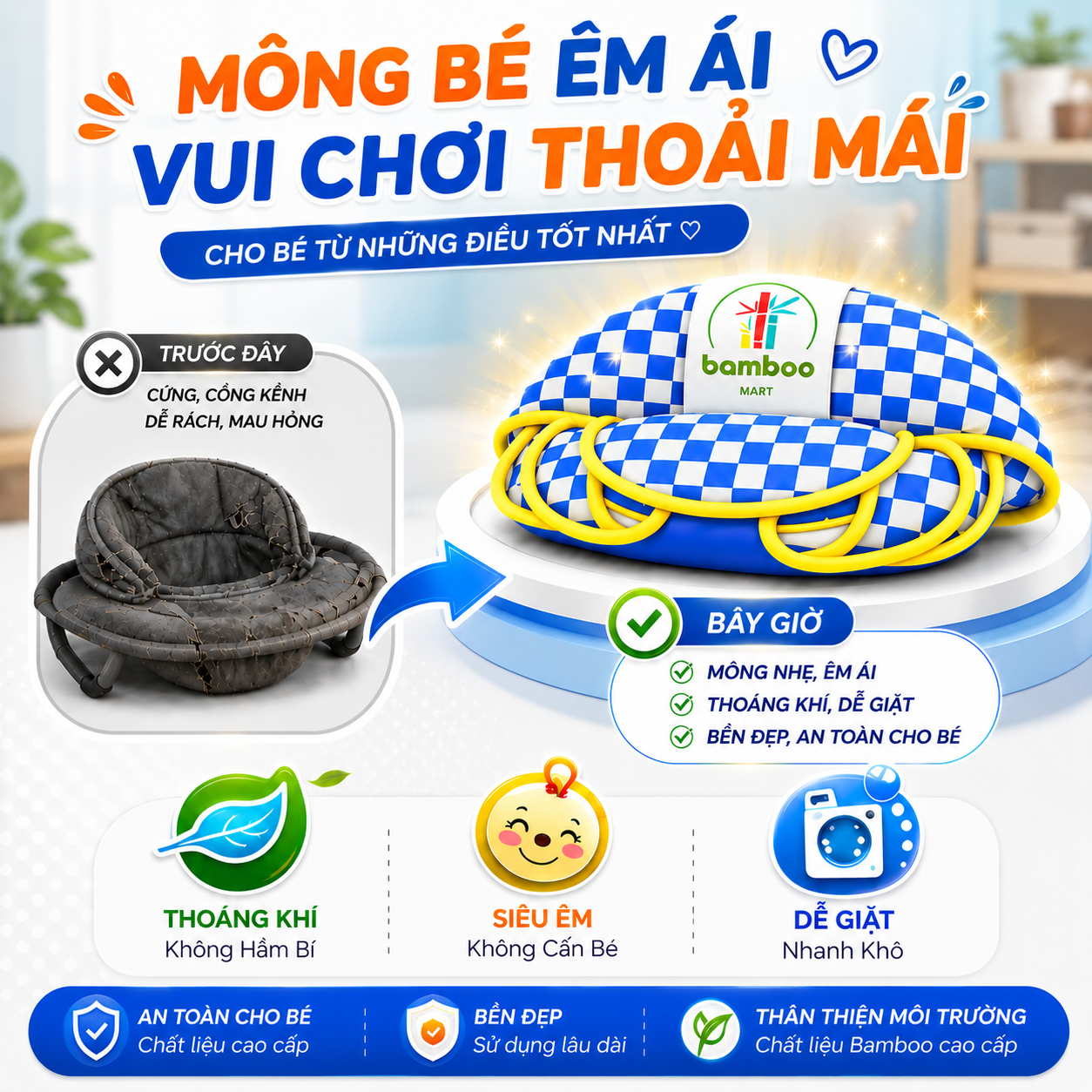 Combo Yên Xe Tập Đi Xanh Dương Kèm Lót Chân – Thay Vừa Xe Nhựa Chợ Lớn