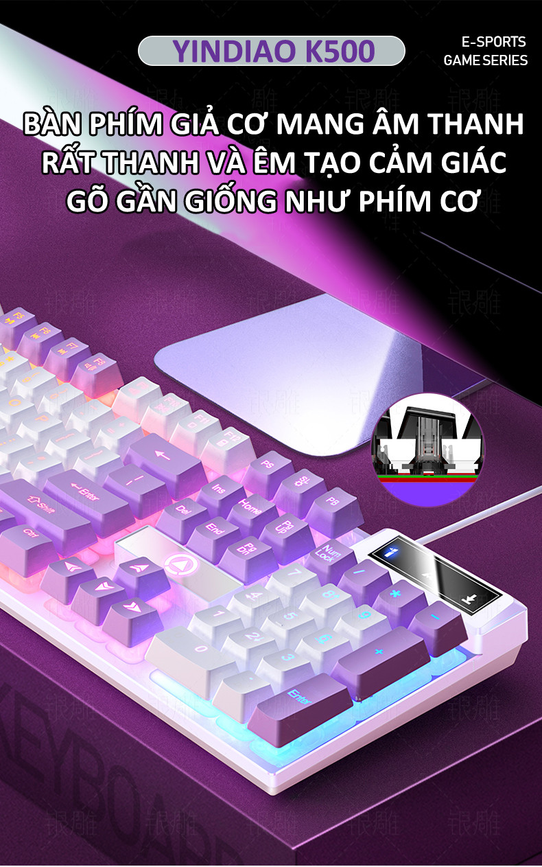 Bàn phím giả cơ YINDIAO K500 đa dạng màu sắc kèm theo đèn led 7 màu xuyên phím dành cho game thủ - Hàng Chính Hãng