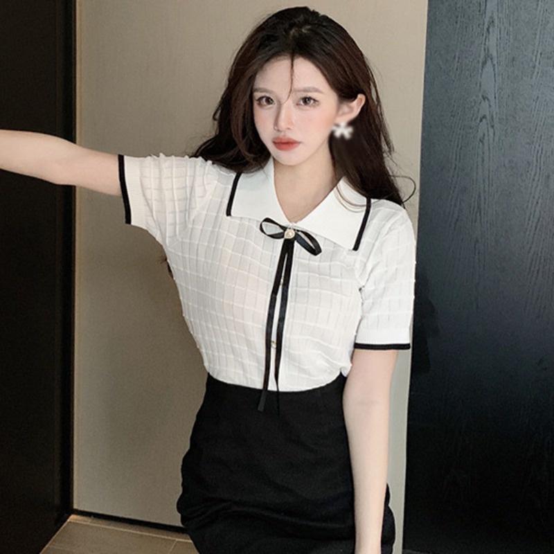 Áo len nữ Montoghi dệt kim Quảng Châu KÈM NƠ NHỎ gân ô cổ bẻ phối viền cộc tay điệu đà
