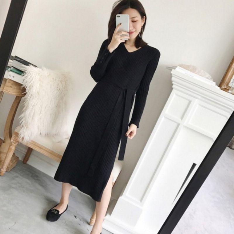 Đầm dệt kim tay dài cổ tròn thiết kế thanh lịch