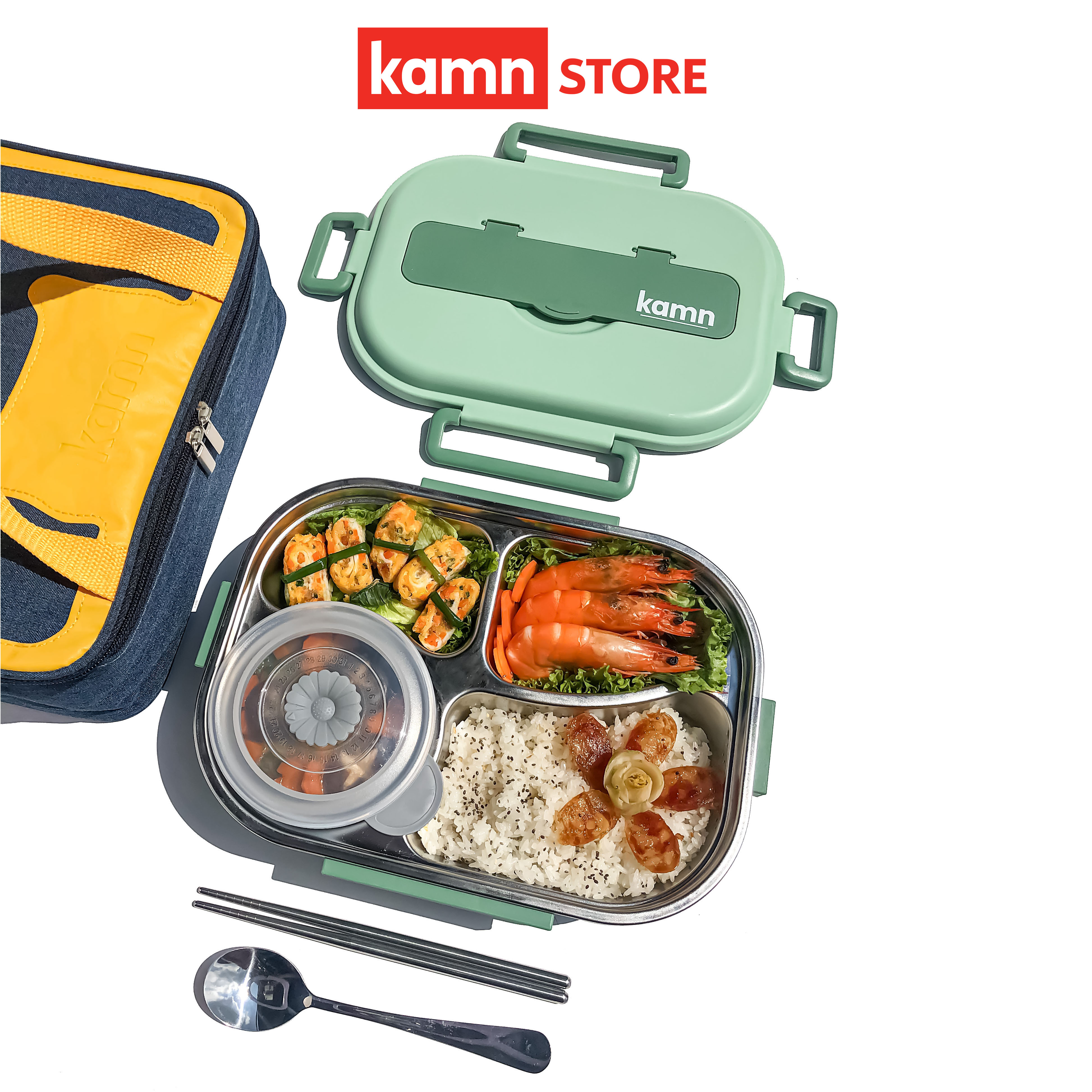 Hộp đựng cơm văn phòng giữ nhiệt Yummy Kamn, inox 304, 4 ngăn chống tràn, 4 màu hiện đại, hâm nóng đơn giản