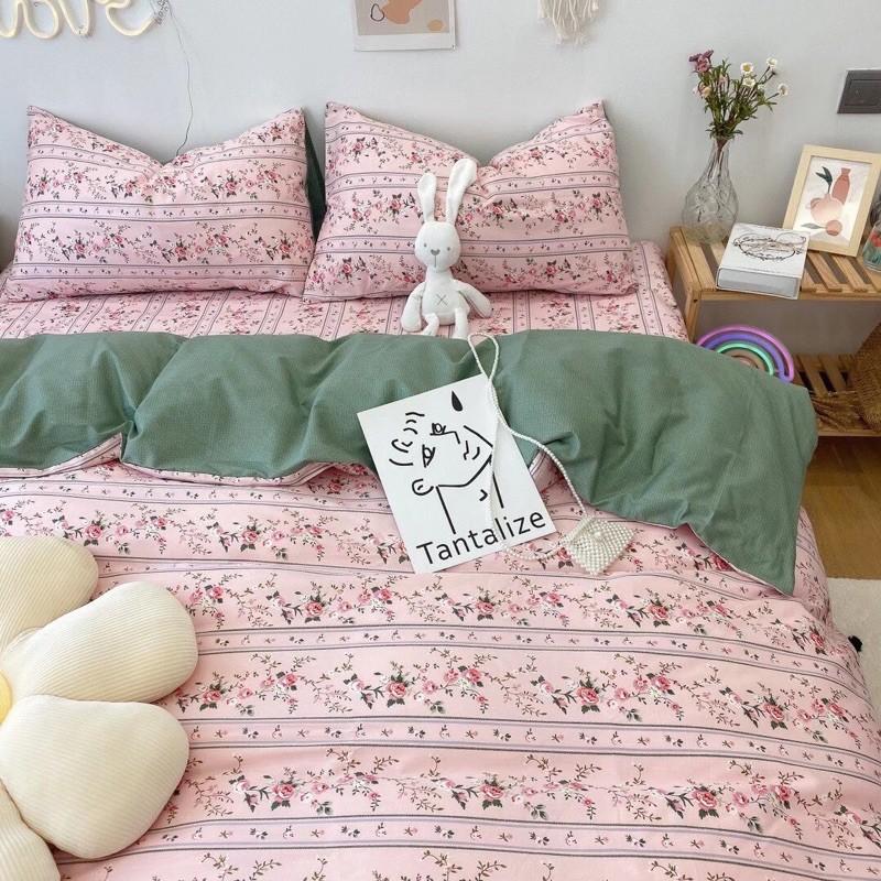 Bộ Chăn Ga Gối Cotton Living 100%cotton Hàng Nhập khẩu Cao Cấp 4 Món Hoa Hồng Vintage