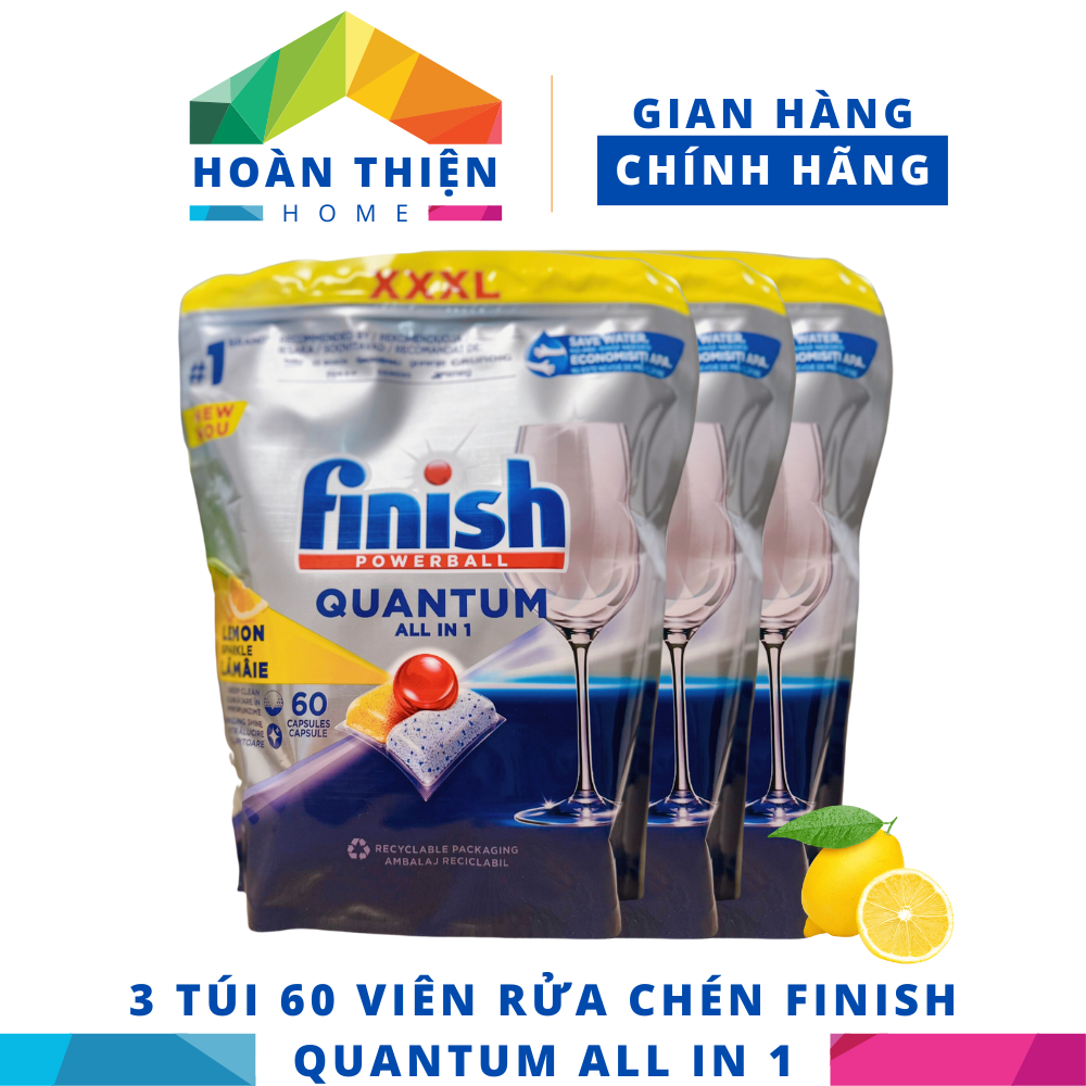 COMBO 3 Túi 60 viên rửa chén bát Finish Quantum All in 1 dùng cho máy rửa chén, bát - 180 viên/ hộp (HƯƠNG CHANH).