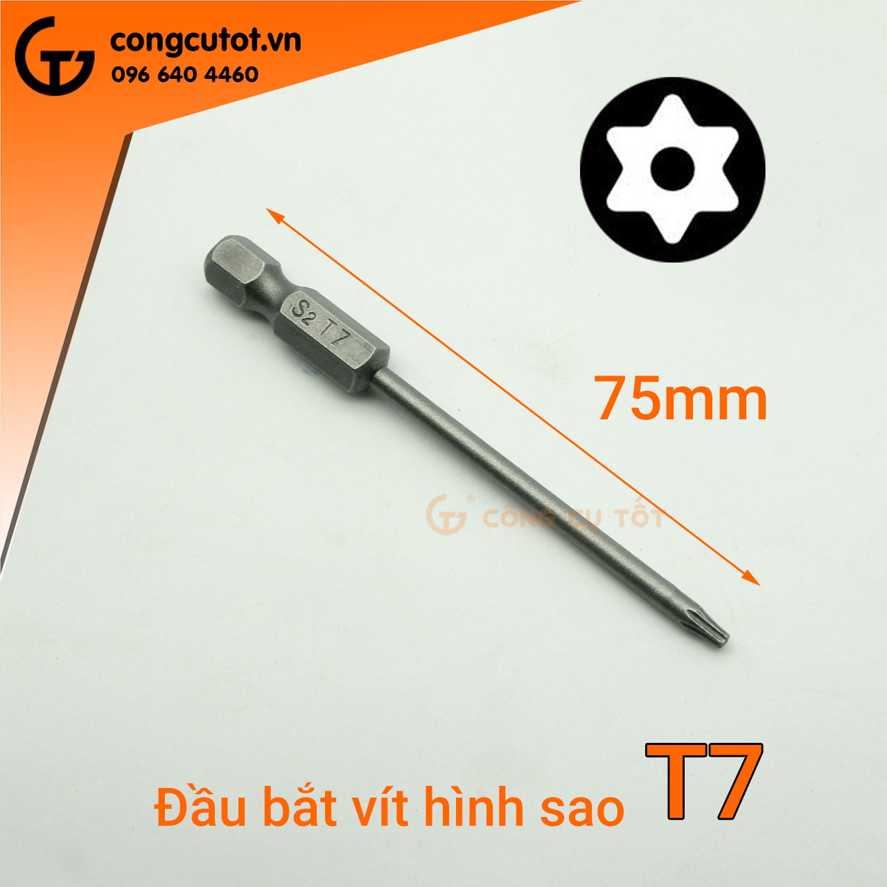 Đầu bắt vít hình sao T7 Φ1.99 dài 75mm chuôi lục thép S2