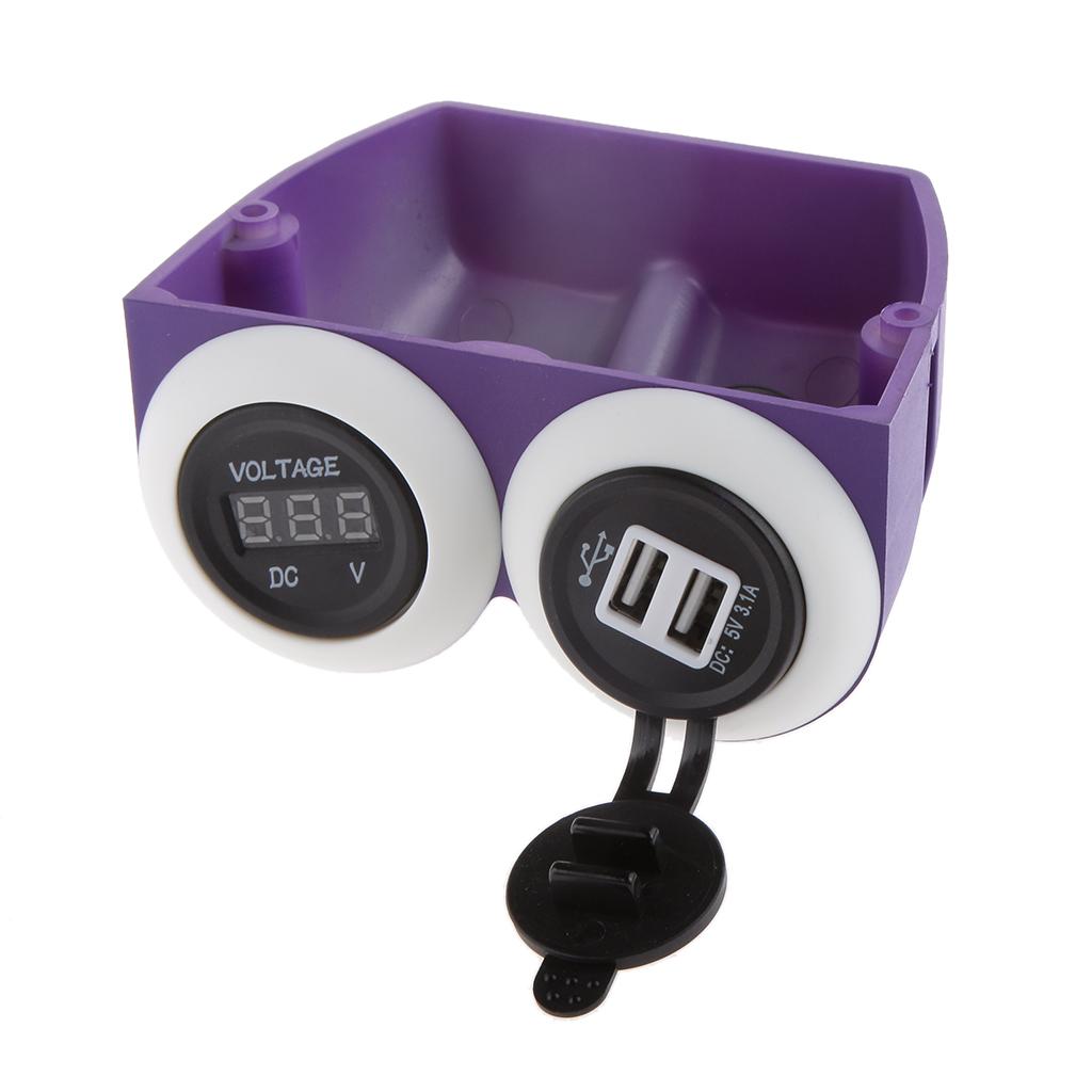 3.1A Dual USB Port Car Charger Power Outlet + Red LED Voltmeter Panel Purple