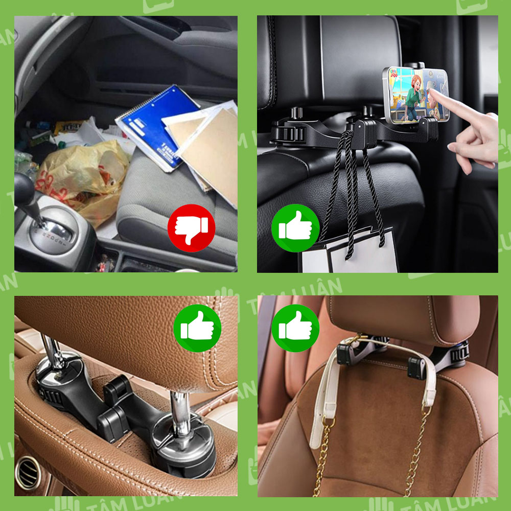Móc treo đồ trên xe ô tô kiêm giá đỡ điện thoại gắn lưng ghế xe hơi - phụ kiện ô tô Tâm Luân