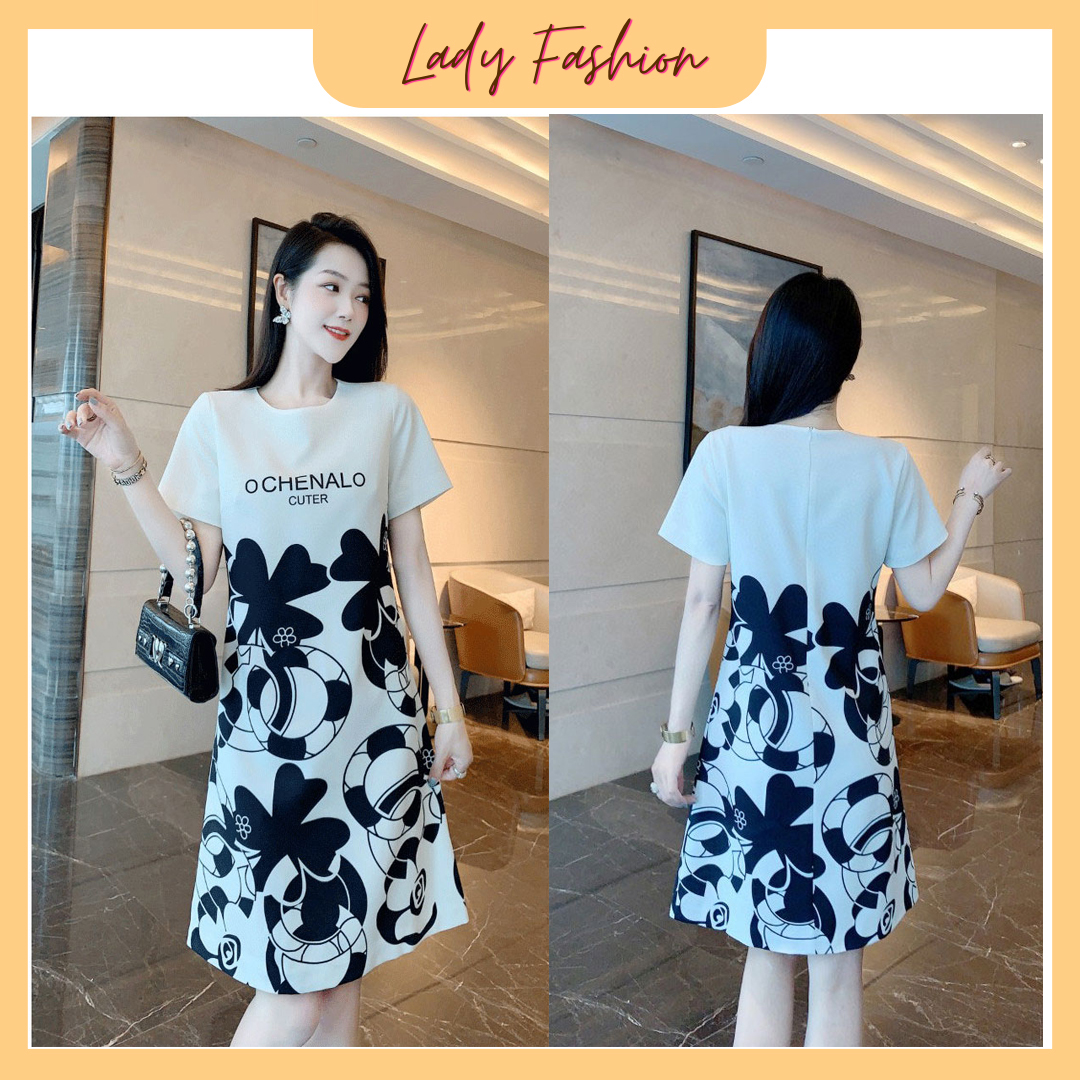 Đầm suôn in 3D họa tiết trắng đen sang trọng D059- Lady Fashion
