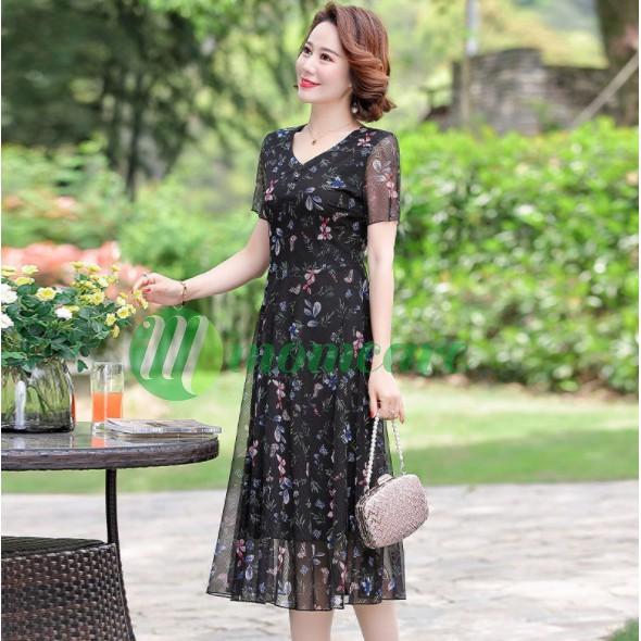 Váy nữ trung niên cho mẹ Voan V74, Áo đầm trung tuổi thời trang mùa hè đẹp cao cấp sang trọng dự tiệc U40 U50 Bigsize