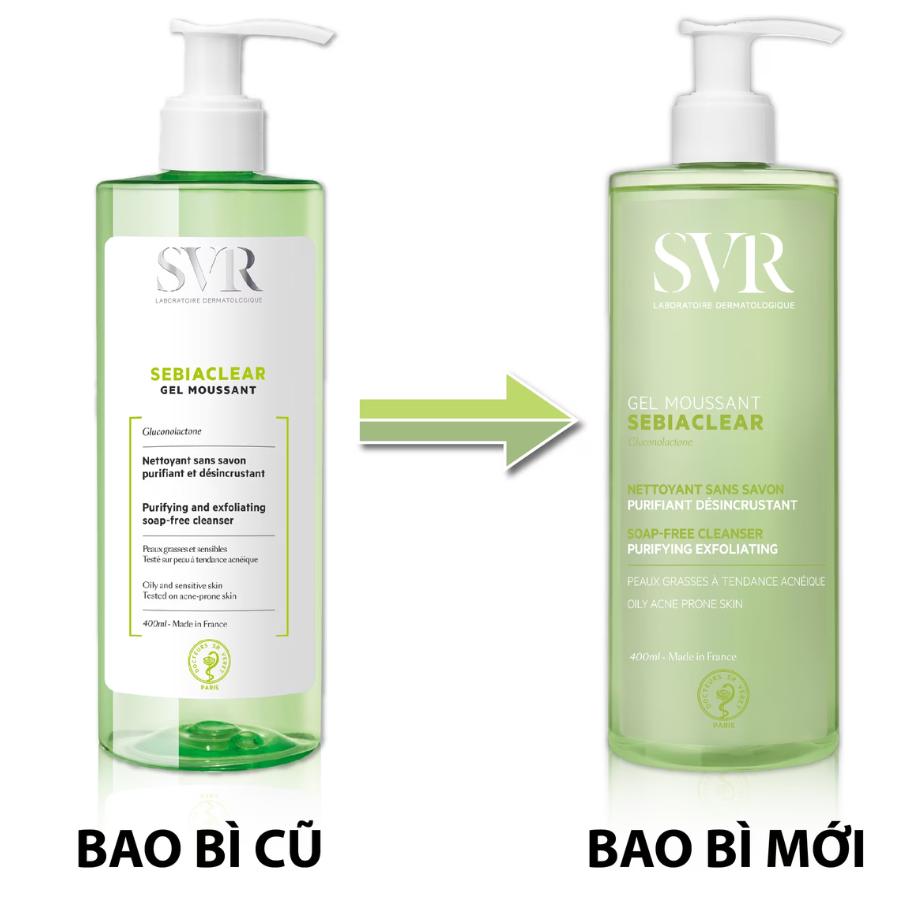 Sữa rửa mặt không có xà phòng và hỗ trợ giảm thiểu tế bào chết SEBIACLEAR Gel Moussant SVR 400ml