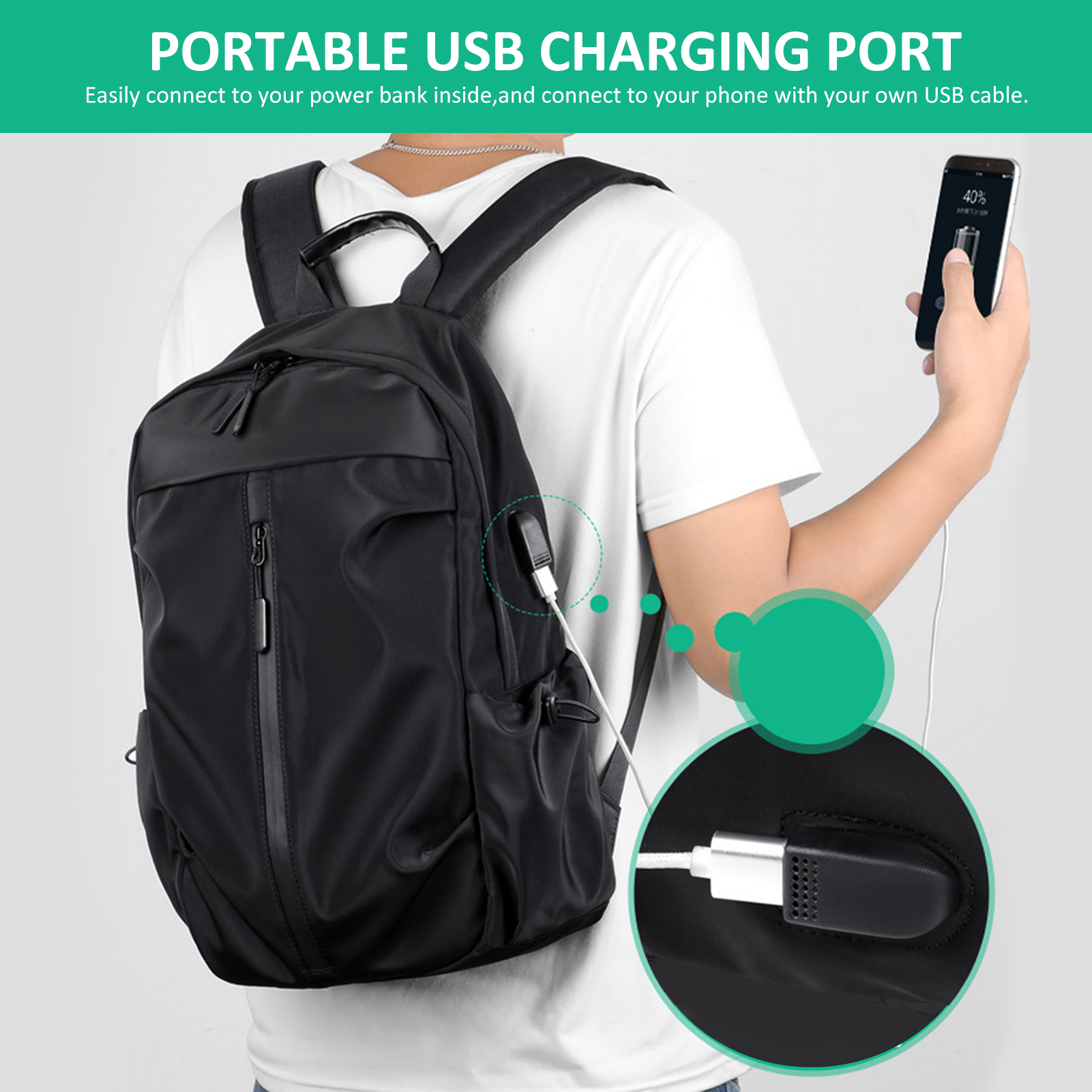 Ba lô thể thao có cổng sạc USB có ngăn đưng máy tính 14inch bằng Chất liệu polyester chống nước