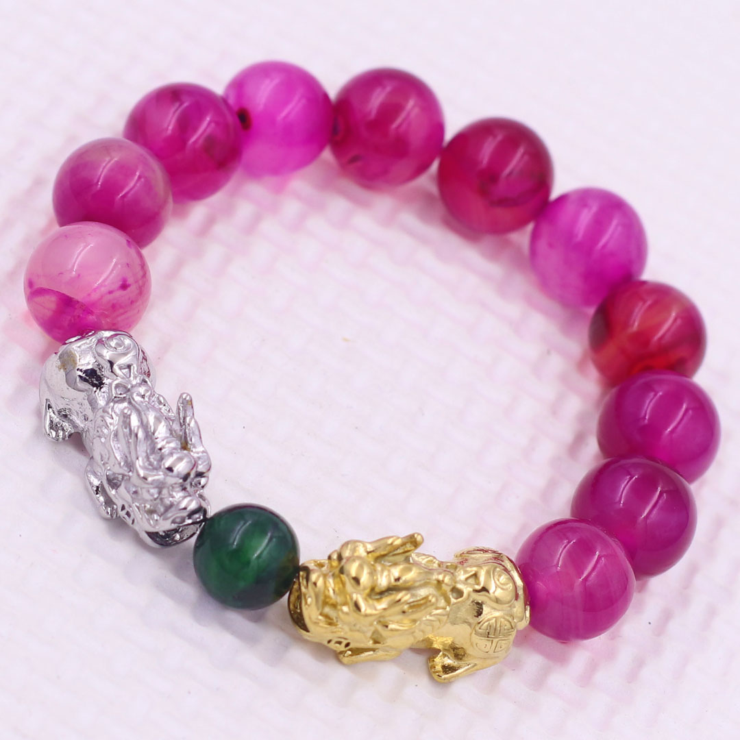 Vòng chuỗi đeo tay mã não hồng sọc 12 ly charm tỳ hưu đôi inox trắng và vàng, vòng chuỗi phong thủy, charm tỳ hưu, vòng tay hạt chuỗi