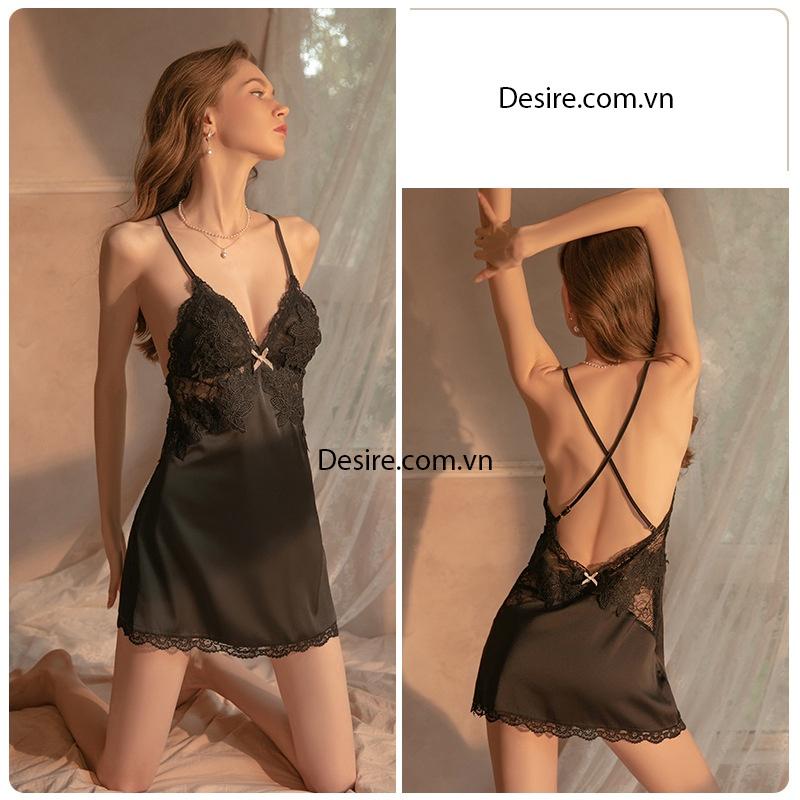 Váy ngủ lụa Đầm ngủ hai dây lụa phối ren gợi cảm sexy VN-036