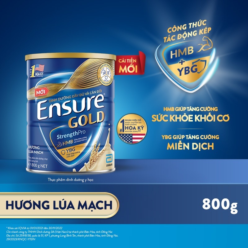 Sữa Bột Ensure Gold Abbott (HMB) 850g/800g Hương Lúa Mạch