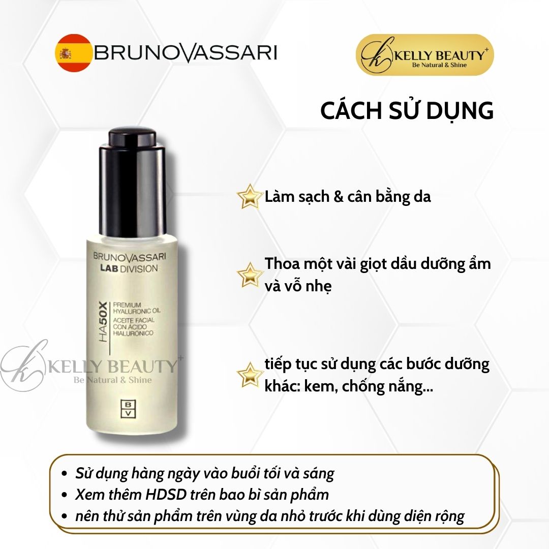 Dầu Dưỡng Ẩm Sâu Cho Da Lão Hóa Bruno Vassari HA50X Premium Hyaluronic Oil - Cấp Ẩm Đa Tầng, Săn Chắc Da | Kelly Beauty