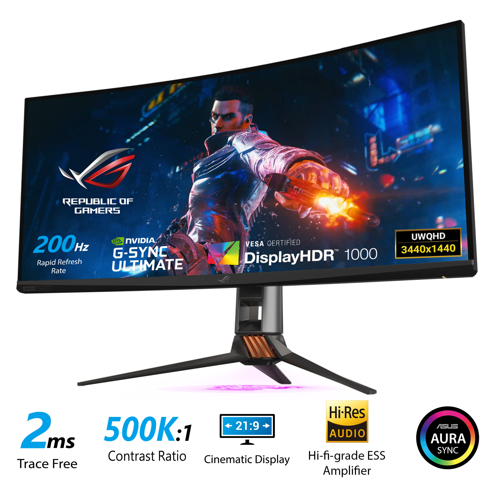 Màn Hình Chuyên Game HDR Siêu Rộng ASUS ROG Swift PG35VQ 35” 21:9 UWQHD (3440 x 1440) 2ms 200Hz VA G-Sync Ultimate Eye Care DisplayPort HDMI USB Aura Sync HDR10 Display HDR 1000 - Hàng Chính Hãng