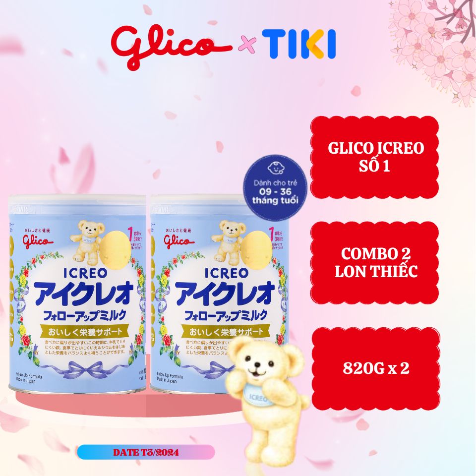 Combo 2 lon sữa Glico Icreo Follow Up Milk (Icreo số 1) kèm 5 thanh sữa tiện dụng dinh dưỡng cho bé (820g/lon)