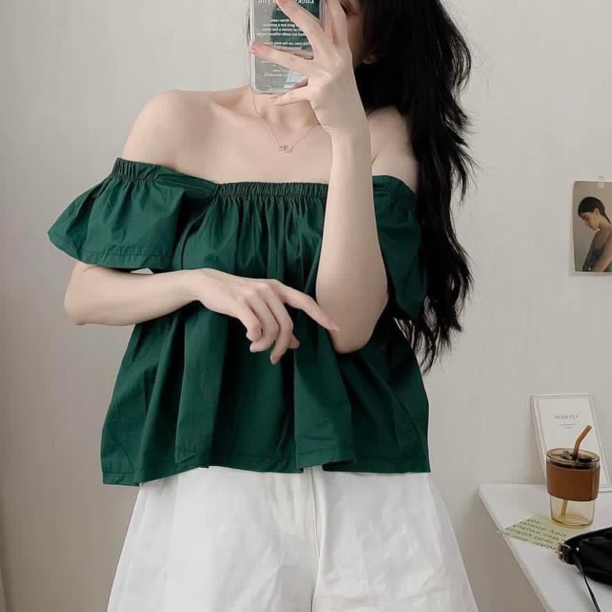 Áo croptop chun trễ vai gồm ba màu basic siêu xinh