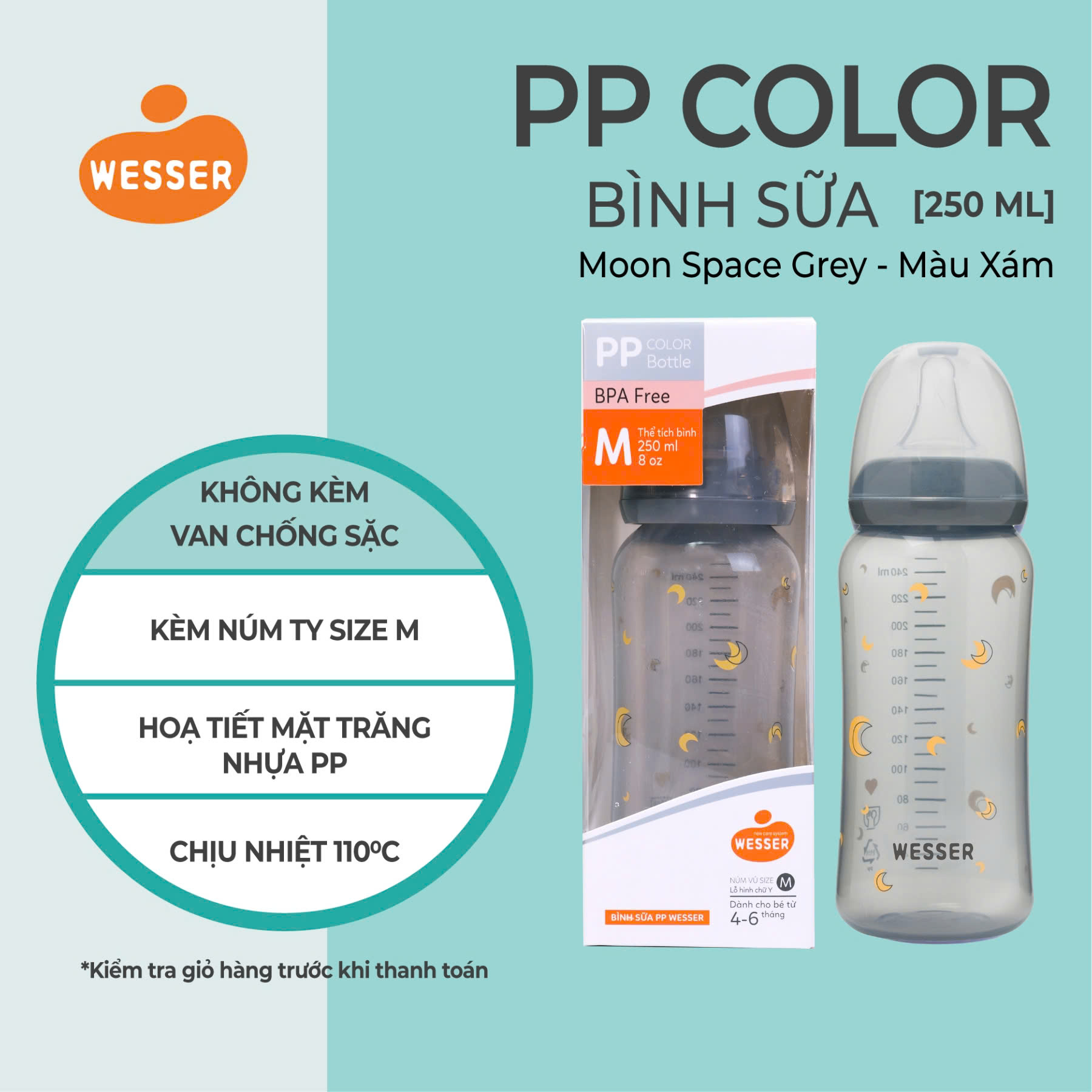 Bình sữa Cổ Hẹp PP Color Wesser 140ml/250ml