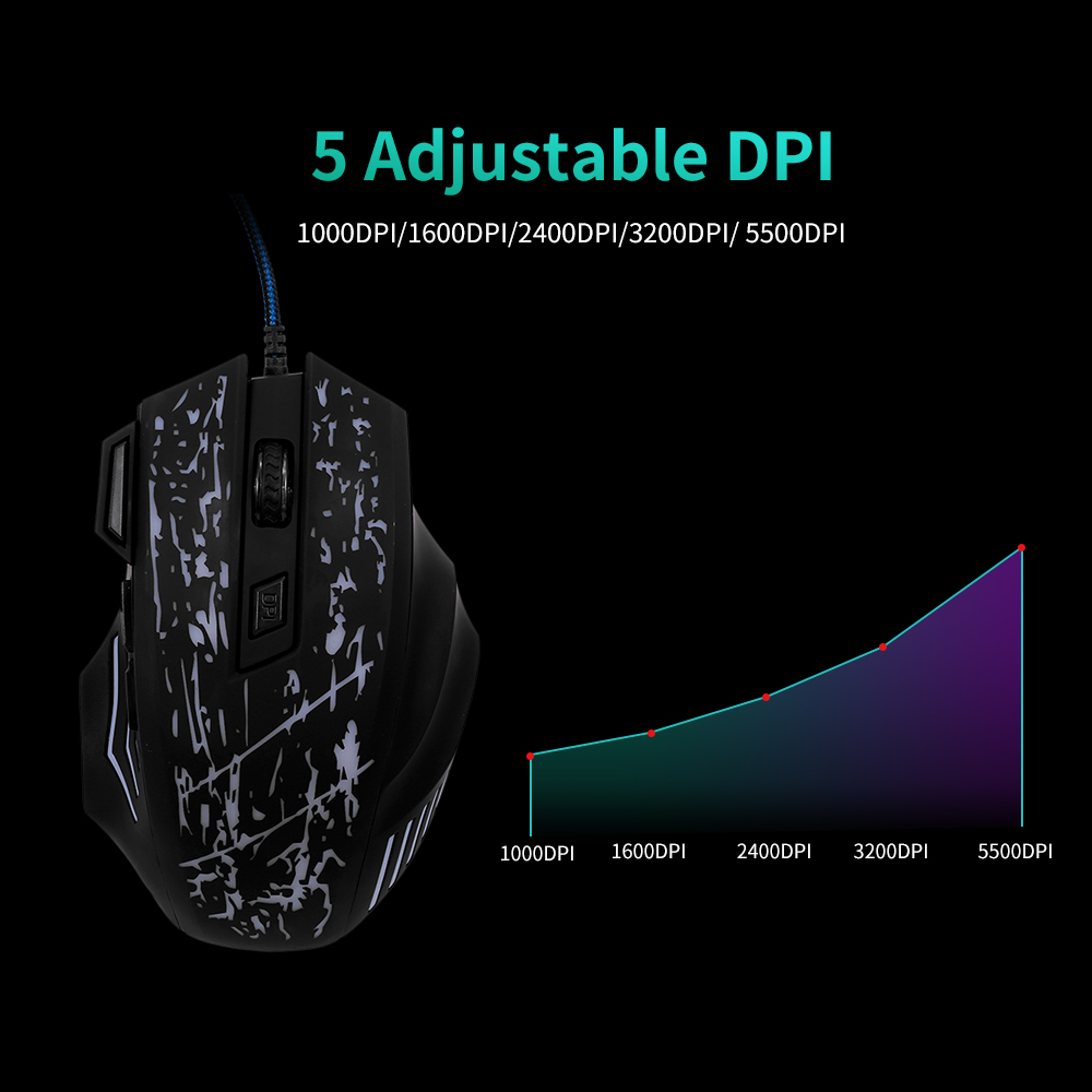 Chuột chơi game có dây chuyên nghiệp 5500DPI với 7 nút Ergonomic Grip Đèn RGB
