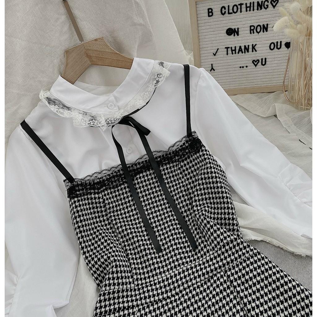 Set yếm caro đen viền ren + áo sơ mi trắng tay rút