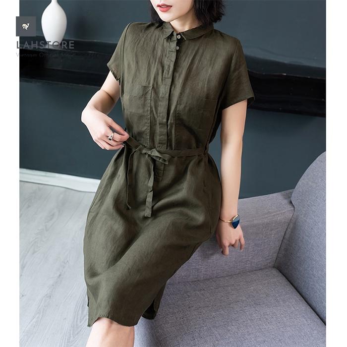 Đầm suông linen cổ đức bổ trụ 2 túi ốp ngực LAHSTORE phong cách Hàn Quốc