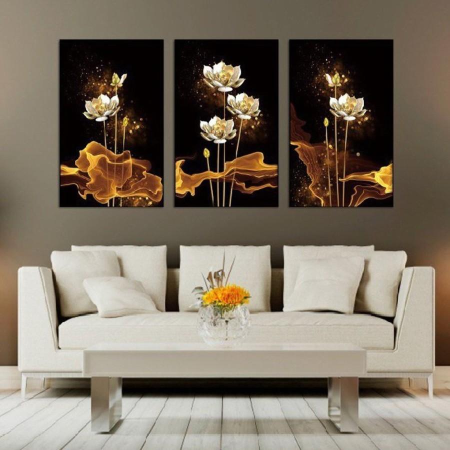 Bộ 3 Tranh canvas giá xưởng - Tranh Treo Tường Bạch Liên Tỏa Sáng - Tặng kèm đinh đa năng không cần khoan tường