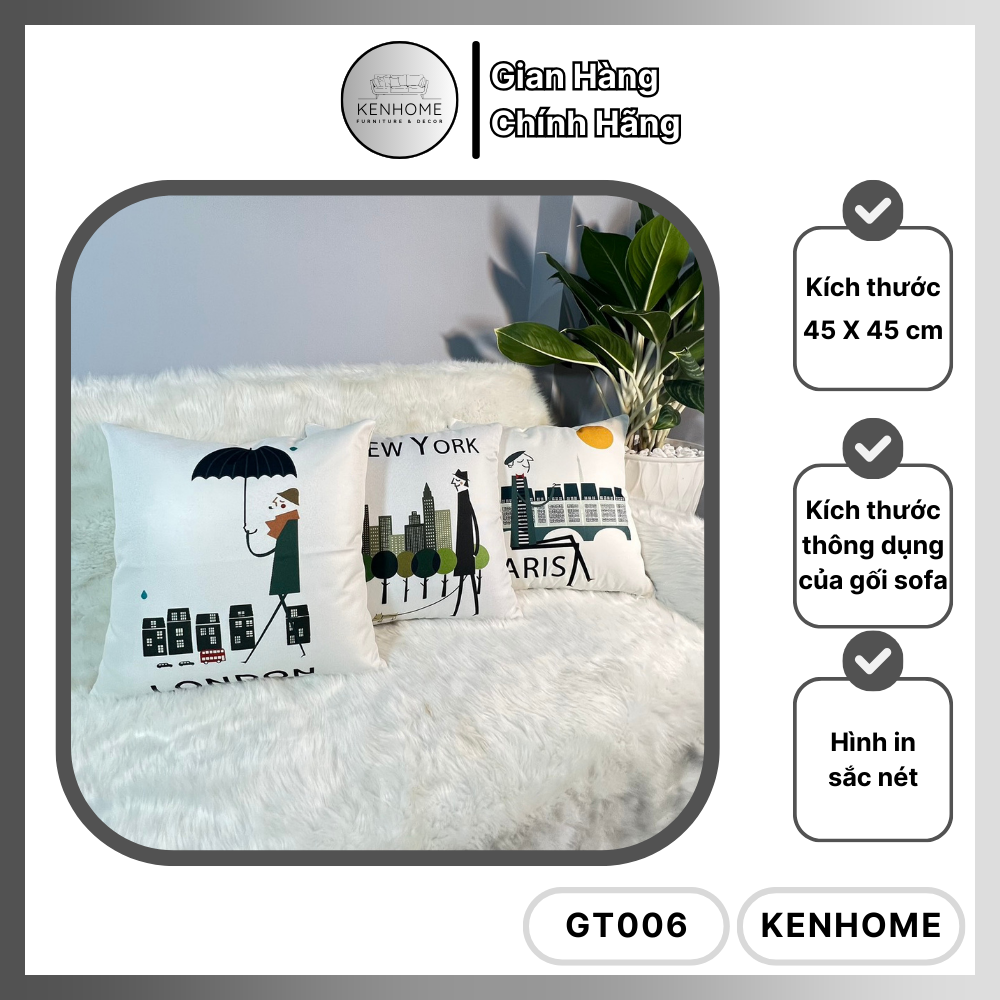 Gối Sofa Họa Tiết NY, Paris, London - Gối Tựa Lưng Sofa Trang Nhã Trang Trí Phòng Khách - Vải Bố Cao Cấp - Kích Thước 45x45cm