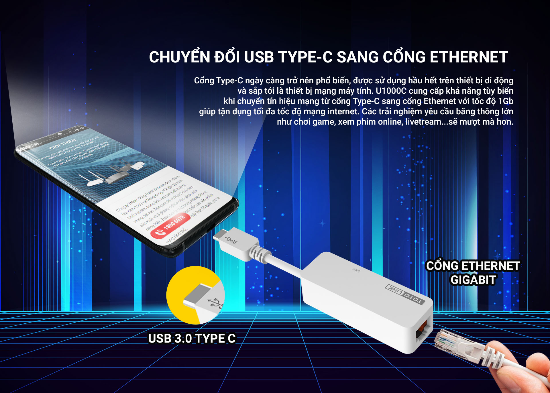 U1000C - Bộ chuyển đổi USB Type-C sang Ethernet RJ45 Gigabit Hàng chính hãng Totolink.