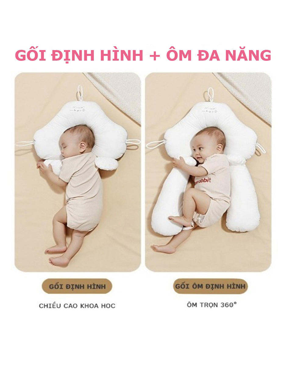 Gối chữ U định hình; Gối đa năng, hạn chế giật mình méo đầu, với dây rút 3 đầu tiện dụng, giúp bé sơ sinh ngủ ngon.