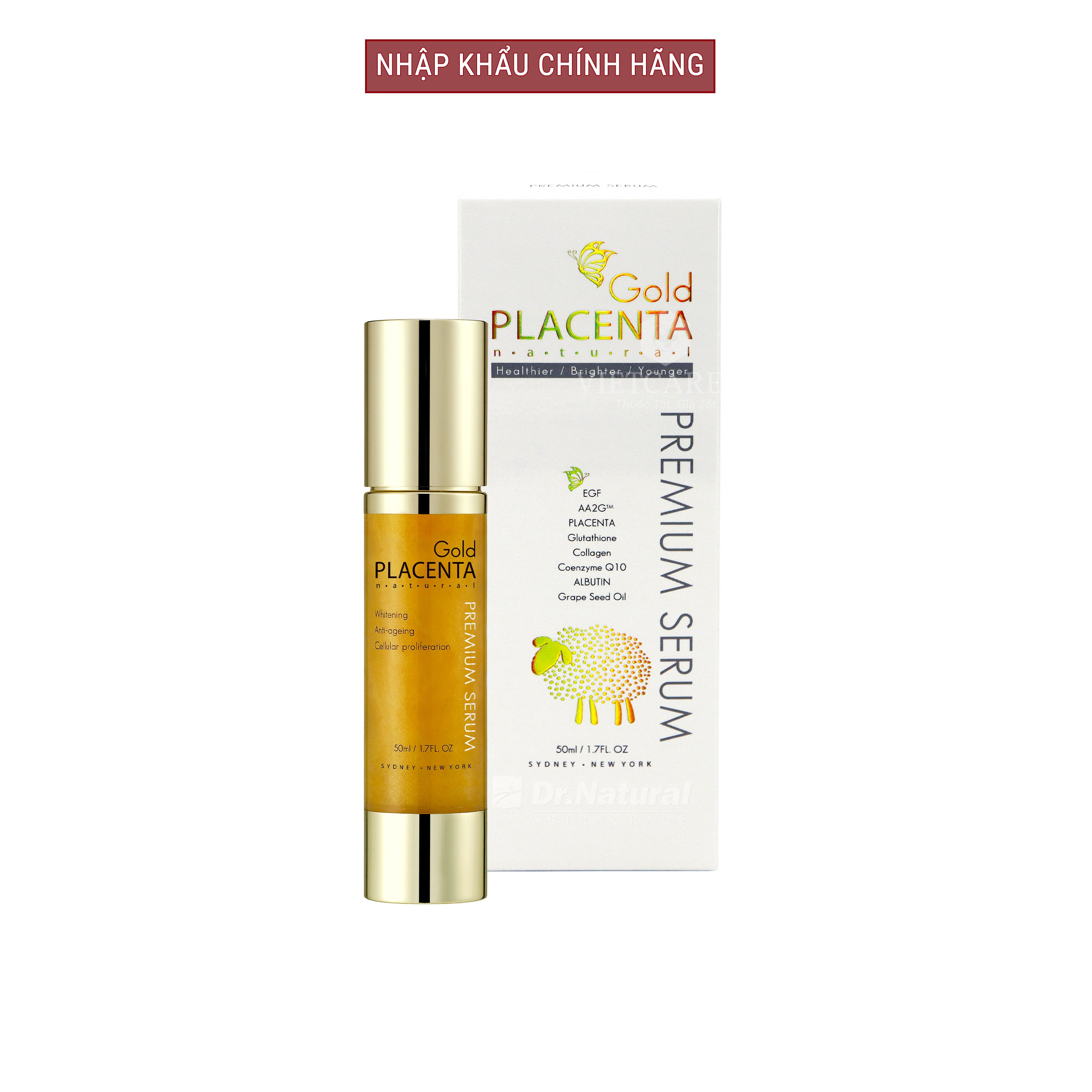 SERUM VÀNG Dr. Natural Astragrace Gold Placenta Premium nhập khẩu chính hãng, với dưỡng chất từ Nhau thai cừu, Glutathione giúp ngăn ngừa lão hóa, nhăn da; làm sáng da và cải thiện độ đàn hồi, cung cấp dưỡng chất và độ ẩm giúp da khỏe, mịn màng, tươi sáng