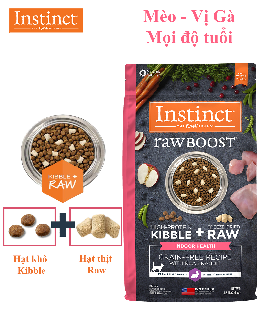 COMBO 3 GÓI 500g Thức ăn cho mèo trong nhà làm từ thịt gà tươi Instinct Raw Boost for Indoor Health (Túi 500g)