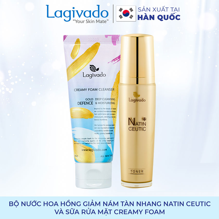 Bộ đôi Nước hoa hồng giảm nám tàn nhang Hàn Quốc Lagivado NATIN CEUTIC TONER 120 ml và sữa rửa mặt Creamy Foam 50ml.