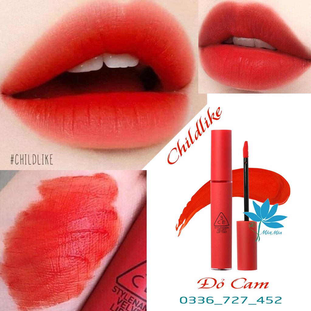 Son Kem Tint 3CE Velvet Lip Childlike – Màu Đỏ Cam Tươi Tắn Tôn Da Bền Màu Lâu Trôi [HÀNG CAM KẾT CHÍNH HÃNG 100%]