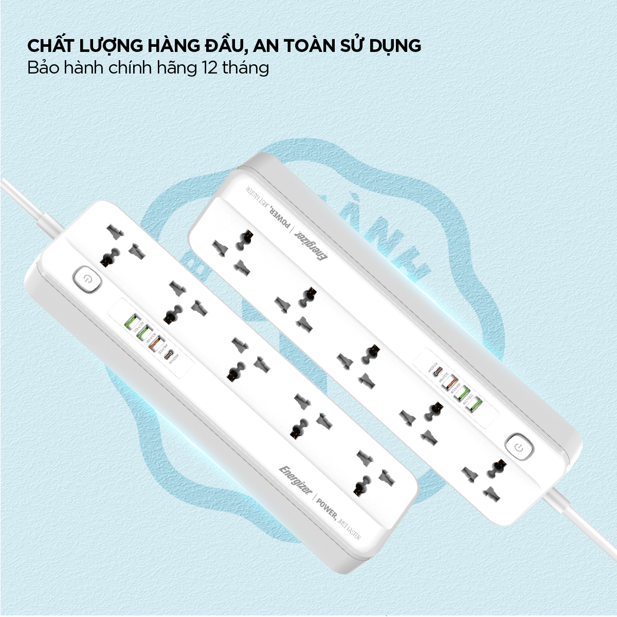Ổ điện đa năng Energizer 5AC kèm 3USB-A và 1USB-C sạc nhanh PD (max 20W) - White - Chịu tải tối đa 2500W - Hàng chính hãng