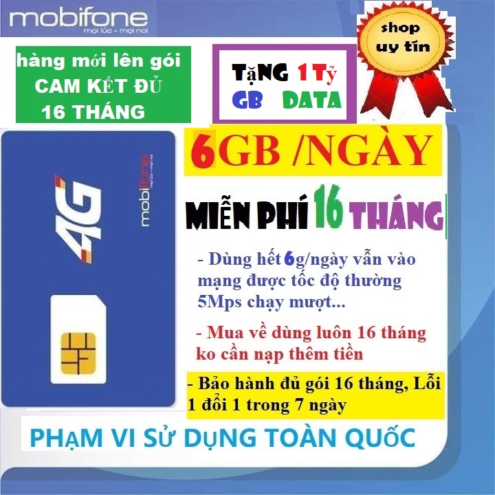 (XẢ KHO) Sim 4G Mobifone SIÊU SIM 1 TỶ DATA.Miễn phí 16 tháng- 12MAX90,12DTHN,6G/ngày- Hàng chính hãng