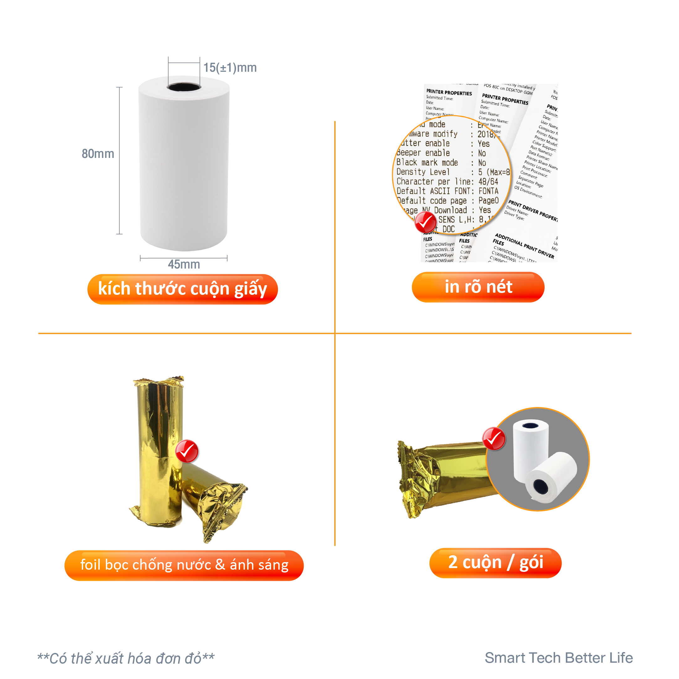 [50 CUỘN] Giấy in nhiệt Giấy in bill VAYO Khổ 80 x 45 mm - In rõ nét - Lõi siêu nhỏ - Hàng chính hãng - 65gsm