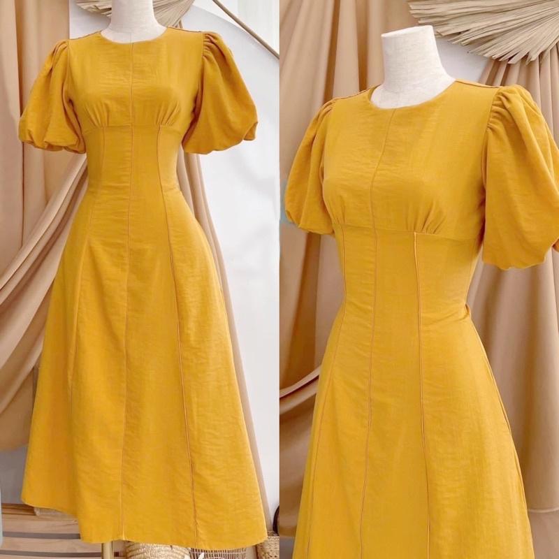 Đầm váy cổ tròn viền sọc nâu 2 màu  phù hợp đi làm đi chơi dạo phố