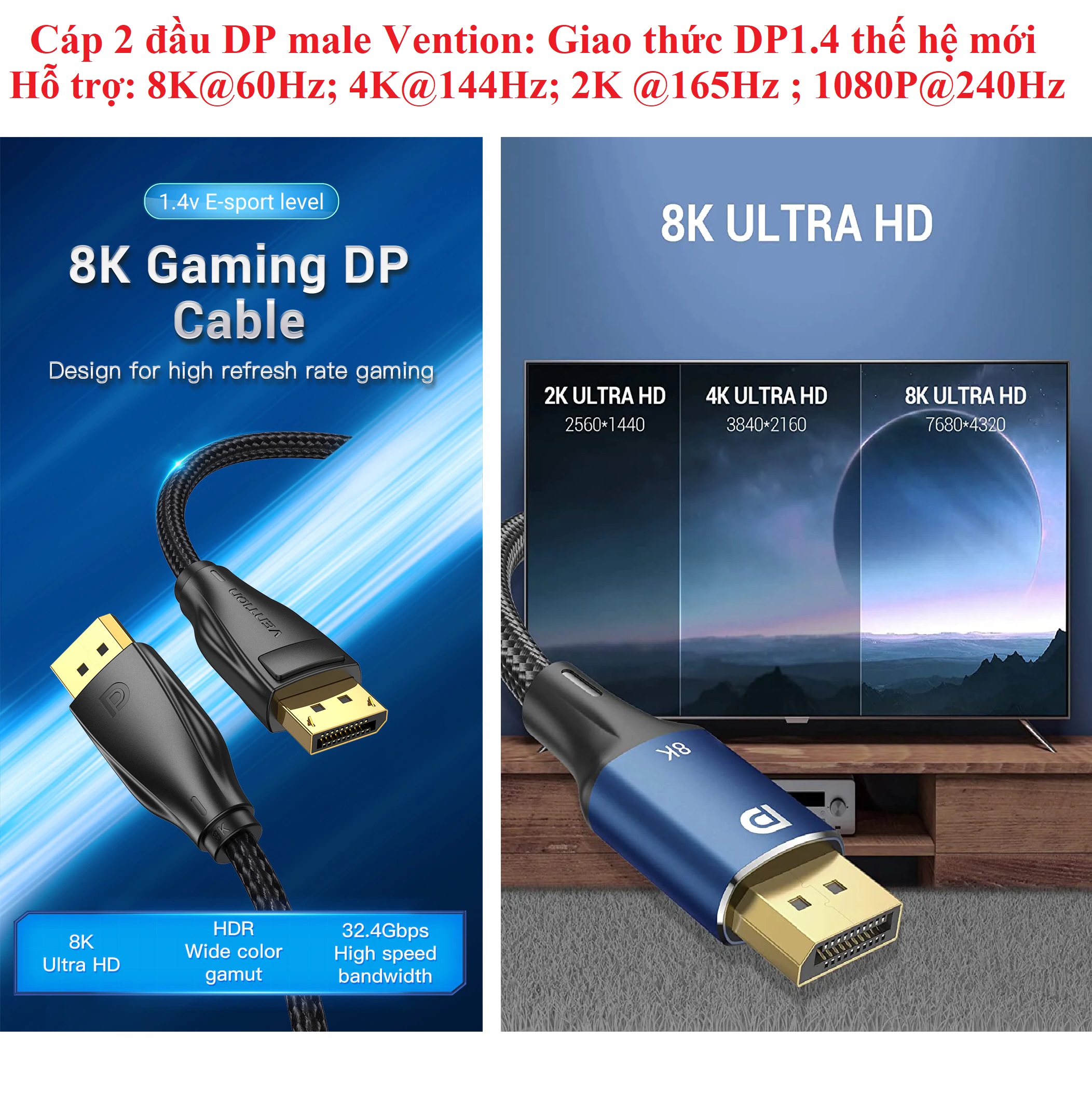 Cáp video hình ảnh 2 đầu DP 1.4 hỗ trợ 8K Vention HCC HCD HCE _ Hàng chính hãng