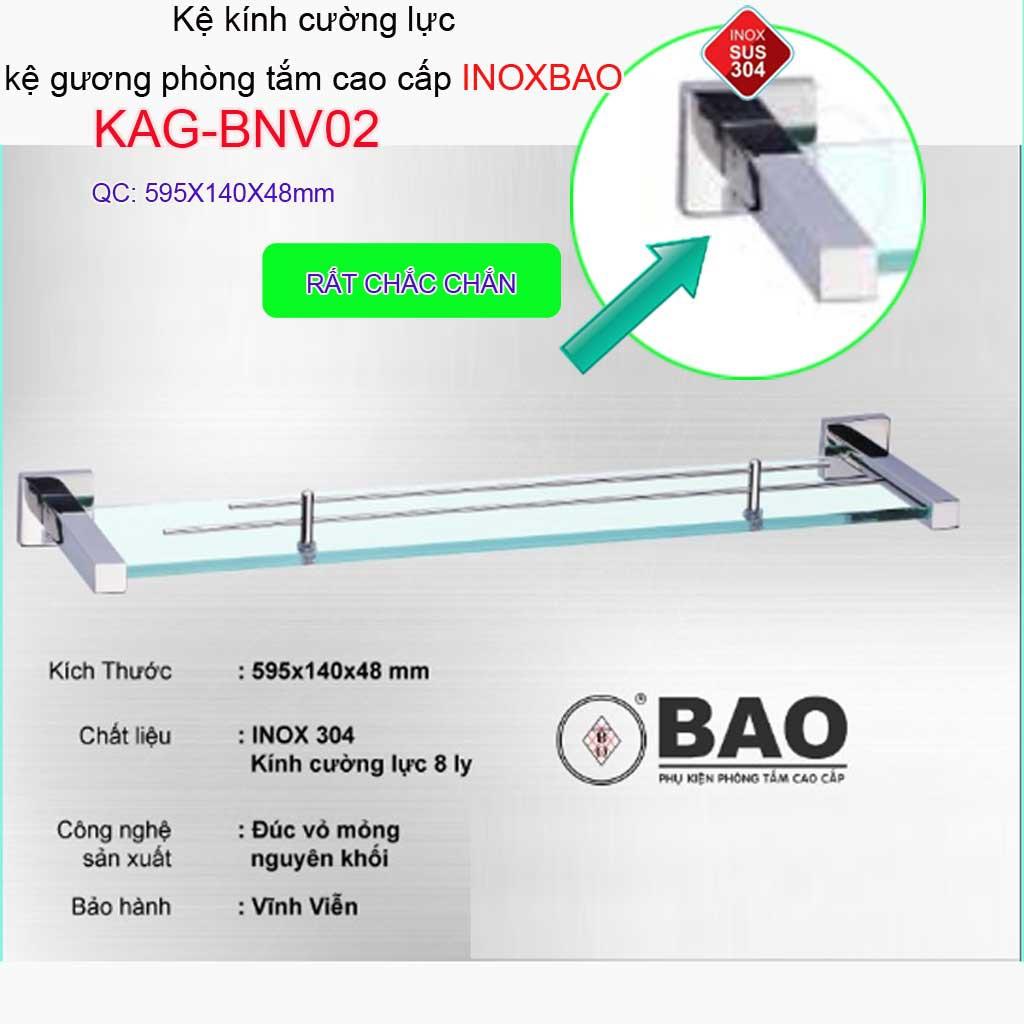Kệ kính phòng tắm Inox Bảo KAG-BNV02, kệ kiếng cường lực 595mm pát vuông dập khuôn cao cấp thiết kế đẹp sang trọng