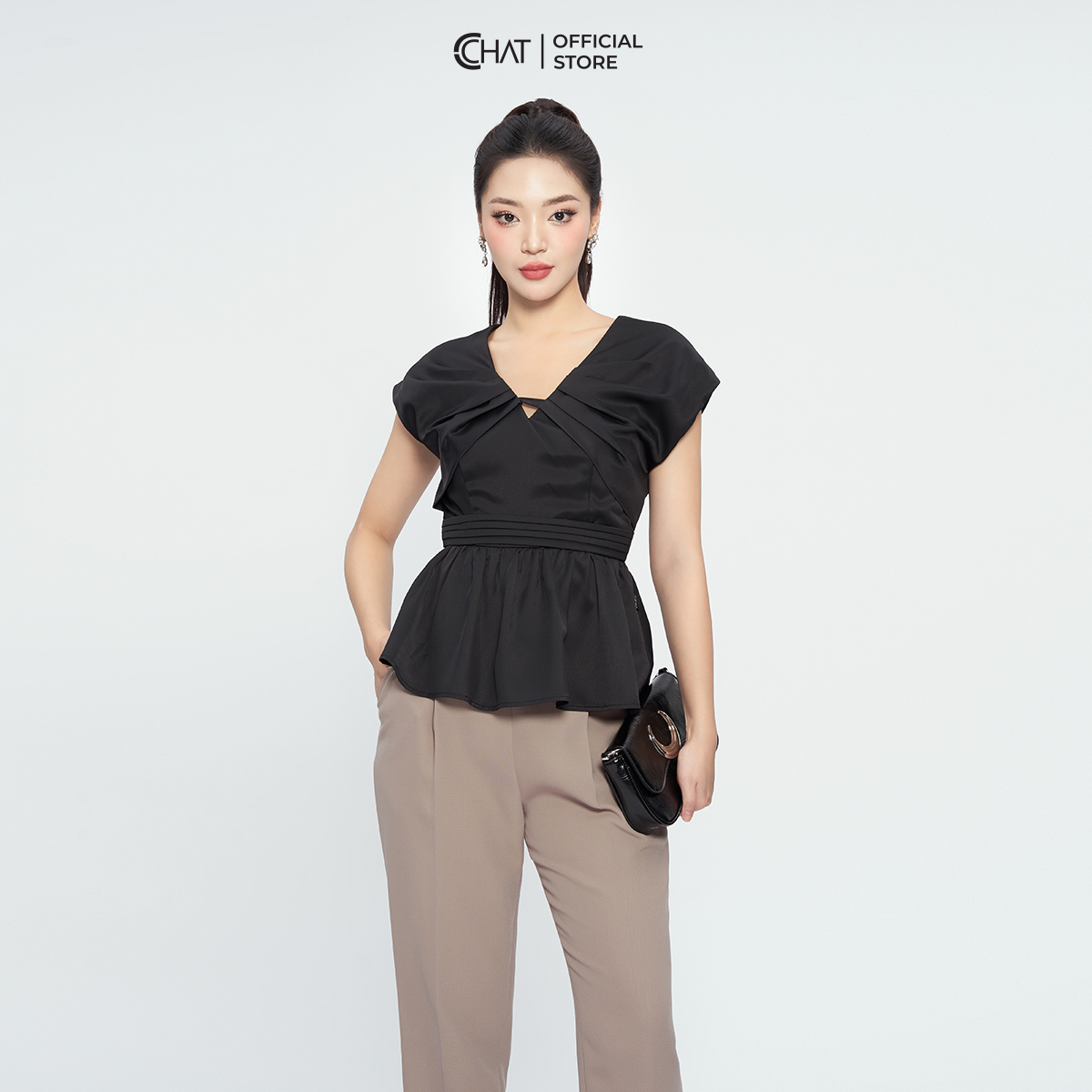 Áo Kiểu Nữ  Cổ V Đai Eo Dáng Peplum Chất Mango Cao Cấp Mềm Mịn 13ANE2013PT